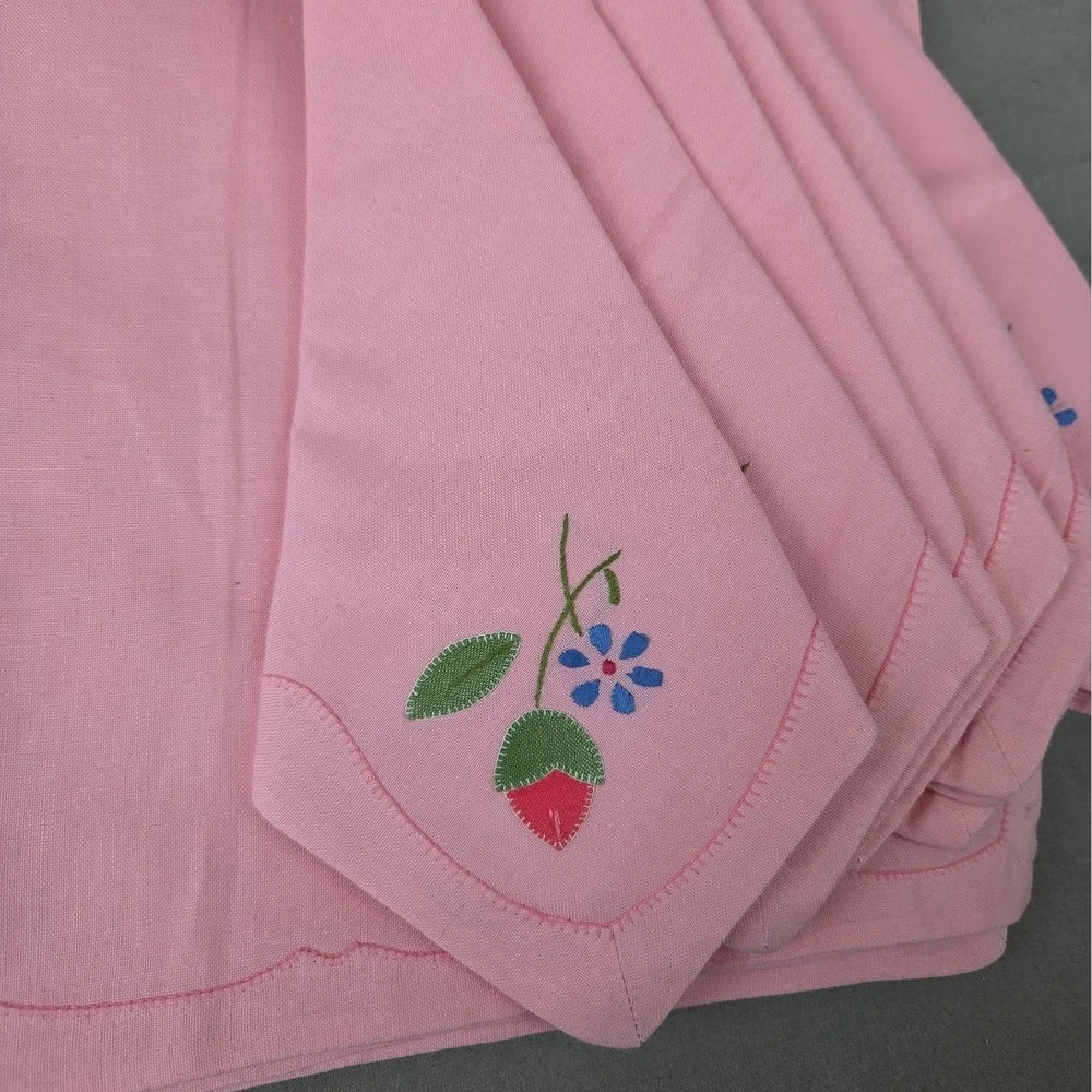 Pink Floral Embroidered Placemat Cloth Napkin Set Applique Coquette Shabby Chic